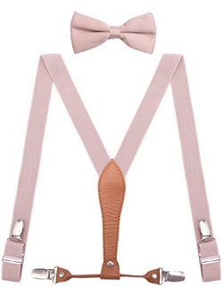 WDSKY Mens Boys Suspenders and Bow Tie Elastic with Leather Y-Back