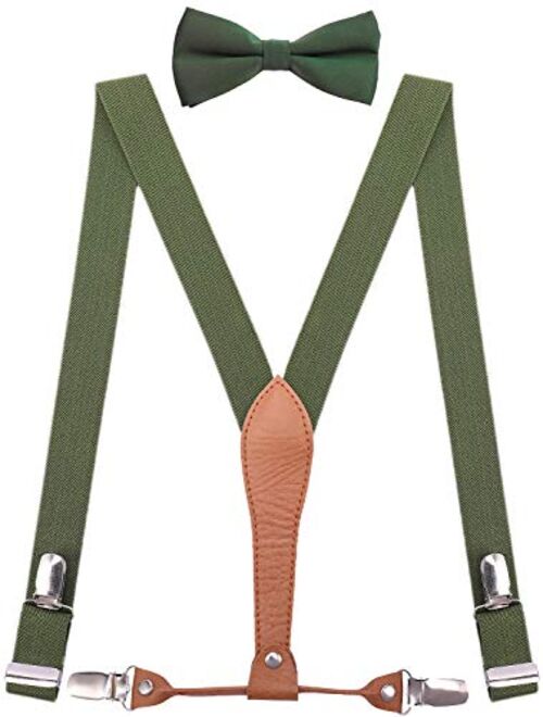 WDSKY Mens Boys Suspenders and Bow Tie Elastic with Leather Y-Back