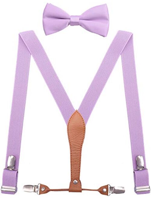 WDSKY Mens Boys Suspenders and Bow Tie Elastic with Leather Y-Back