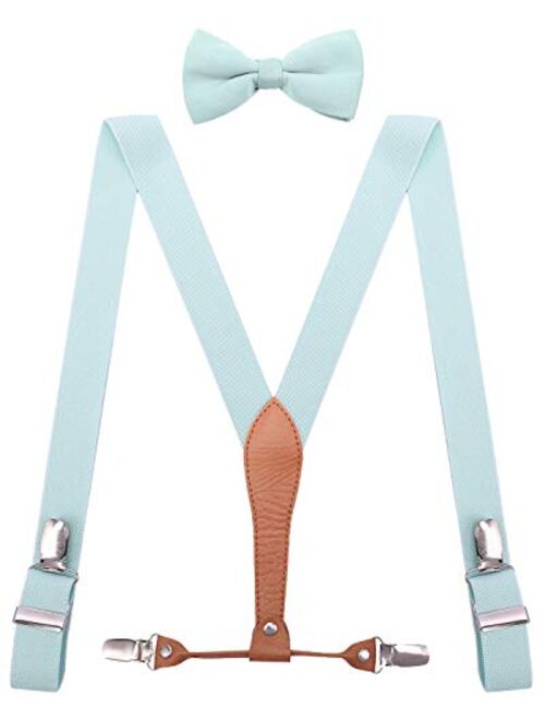 WDSKY Mens Boys Suspenders and Bow Tie Elastic with Leather Y-Back