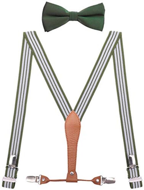 WDSKY Mens Boys Suspenders and Bow Tie Elastic with Leather Y-Back