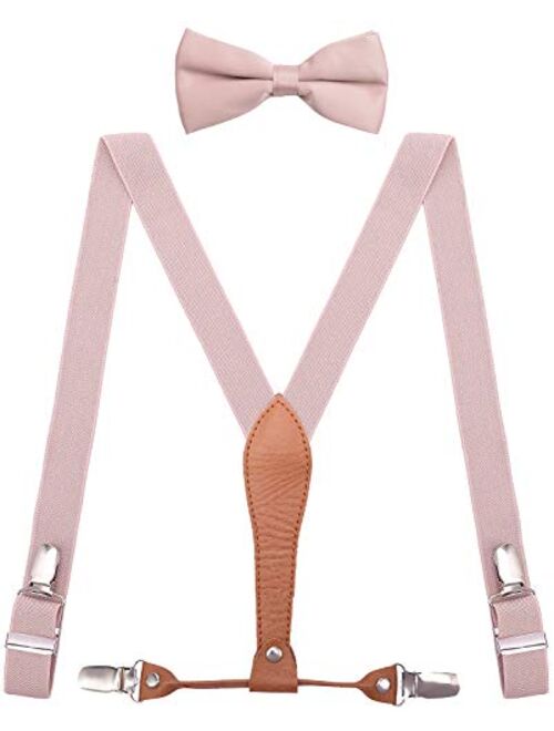 WDSKY Mens Boys Suspenders and Bow Tie Elastic with Leather Y-Back