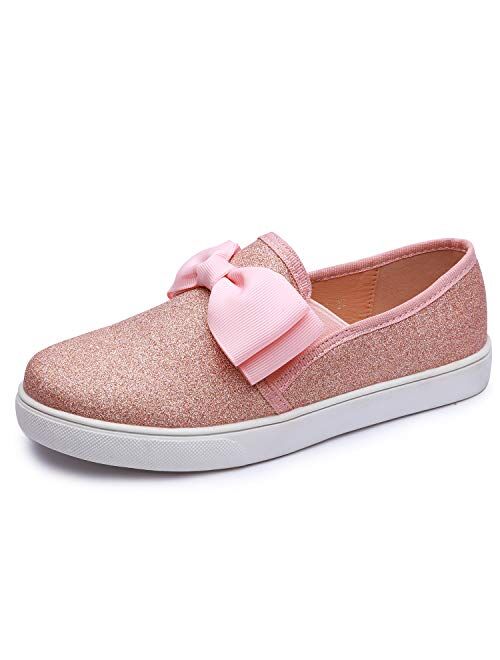 Aellons Girls Bow Sequins Slip On Wearing Sneaker Loafer Flats Casual Walking Shoes