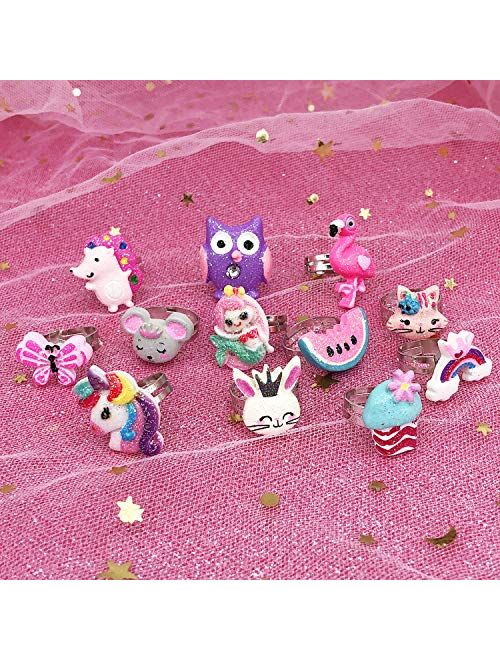 Elesa Miracle 12pcs Children Kids Little Girl Adjustable Mermaid Unicorn Jewelry Rings in Gift Box