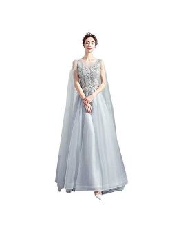 zjyfyfyf Women's Wedding Dress Lace Ball Gown Prom Elegant Chiffon Dress Formal Party Tulle Skirt (Color : Gray, Size : Large)