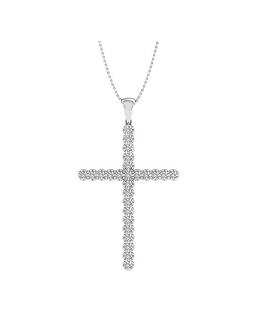 1/5 Carat to 1/2 Carat Diamond Cross Pendant Necklace in 14k White Gold (Silver Chain Included)