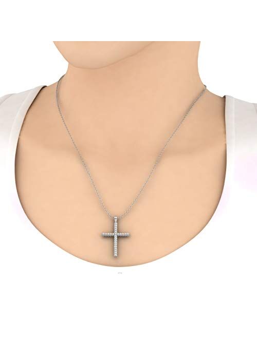 1/5 Carat to 1/2 Carat Diamond Cross Pendant Necklace in 14k White Gold (Silver Chain Included)