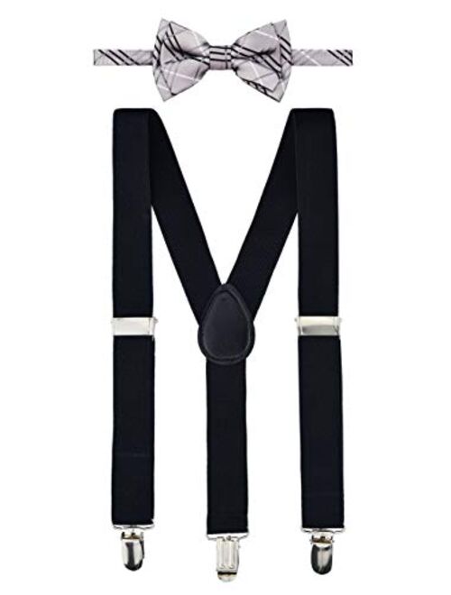 Retreez Boy's Suspender Bow Tie Set Tartan Plaid Styles Woven Pre-Tied Bow Tie