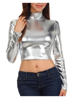 Sakkas Metallic Liquid Mock Neck Turtleneck Long Sleeve Crop Top - Made in USA