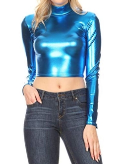 Sakkas Metallic Liquid Mock Neck Turtleneck Long Sleeve Crop Top - Made in USA