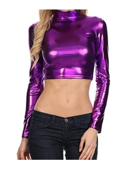 Sakkas Metallic Liquid Mock Neck Turtleneck Long Sleeve Crop Top - Made in USA