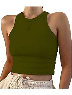 Meladyan Women's Round Neck Basic Racerback Camisole Rib-Knit Solid Sleeveless Crop Tank Tops