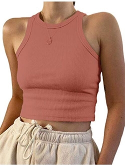 Meladyan Women's Round Neck Basic Racerback Camisole Rib-Knit Solid Sleeveless Crop Tank Tops