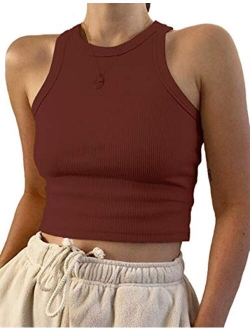 Meladyan Women's Round Neck Basic Racerback Camisole Rib-Knit Solid Sleeveless Crop Tank Tops