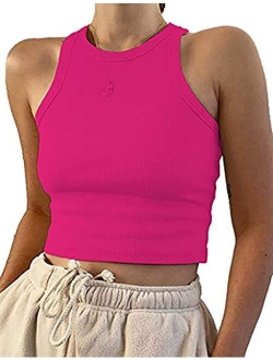 Meladyan Women's Round Neck Basic Racerback Camisole Rib-Knit Solid Sleeveless Crop Tank Tops