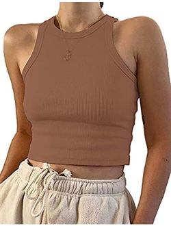 Meladyan Women's Round Neck Basic Racerback Camisole Rib-Knit Solid Sleeveless Crop Tank Tops