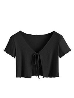 Women's Tie Up Crop Top Short Sleeve Ribbed Knit Open Front Cropped Shirts