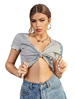 Women's Tie Up Crop Top Short Sleeve Ribbed Knit Open Front Cropped Shirts