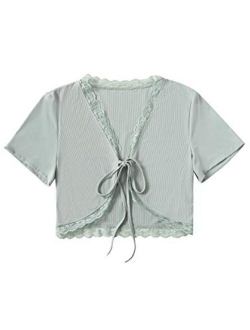 Women's Tie Up Crop Top Short Sleeve Ribbed Knit Open Front Cropped Shirts