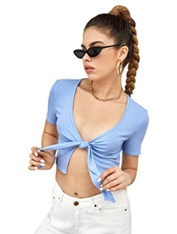 Women's Tie Up Crop Top Short Sleeve Ribbed Knit Open Front Cropped Shirts