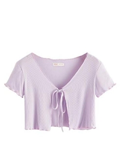 Women's Tie Up Crop Top Short Sleeve Ribbed Knit Open Front Cropped Shirts