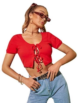 Women's Tie Up Crop Top Short Sleeve Ribbed Knit Open Front Cropped Shirts