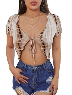 Women's Tie Up Crop Top Short Sleeve Ribbed Knit Open Front Cropped Shirts