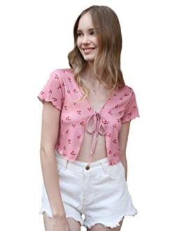 Women's Tie Up Crop Top Short Sleeve Ribbed Knit Open Front Cropped Shirts