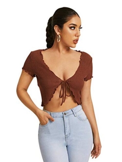 Women's Tie Up Crop Top Short Sleeve Ribbed Knit Open Front Cropped Shirts