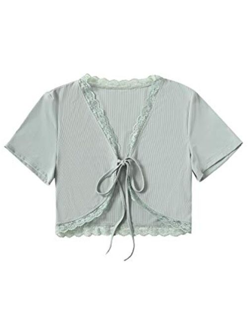 SweatyRocks Women's Tie Up Crop Top Short Sleeve Ribbed Knit Open Front Cropped Shirts