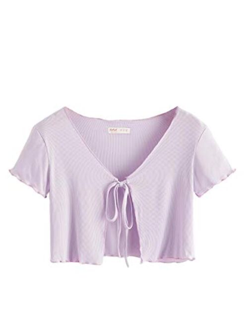 SweatyRocks Women's Tie Up Crop Top Short Sleeve Ribbed Knit Open Front Cropped Shirts