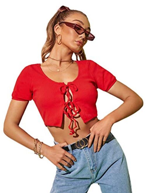 SweatyRocks Women's Tie Up Crop Top Short Sleeve Ribbed Knit Open Front Cropped Shirts