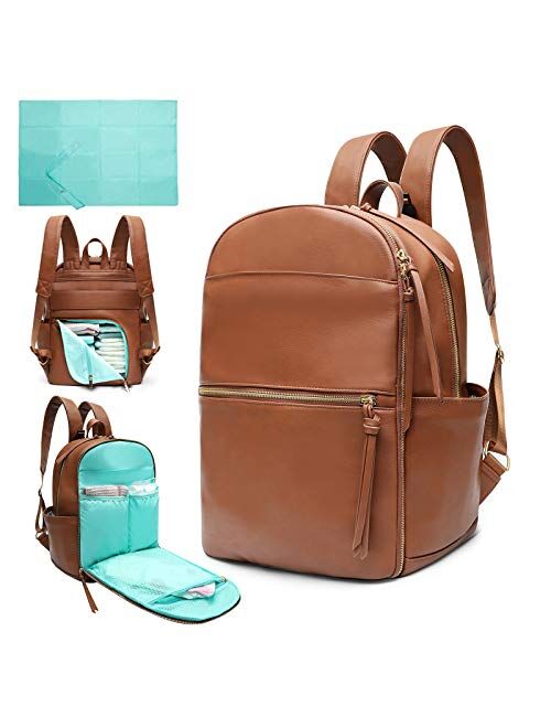 Diaper Bag Backpack Mominside Leather Diaper Bag for Mom and Dad Baby Bag for Boys and Girls with Insulated Pocket, Changing Pad, Stroller Straps, Large Capacity for Wet 