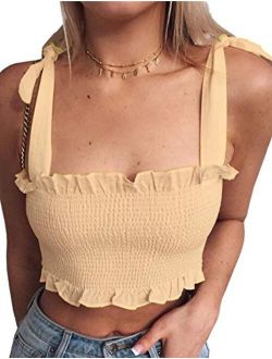 KAMISSY Women's Frill Smocked Crop Tank Top Tie Shoulder Strap Vest