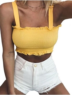 KAMISSY Women's Frill Smocked Crop Tank Top Tie Shoulder Strap Vest