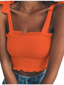 KAMISSY Women's Frill Smocked Crop Tank Top Tie Shoulder Strap Vest