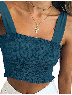 KAMISSY Women's Frill Smocked Crop Tank Top Tie Shoulder Strap Vest