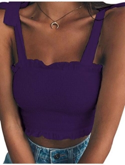 KAMISSY Women's Frill Smocked Crop Tank Top Tie Shoulder Strap Vest