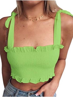 KAMISSY Women's Frill Smocked Crop Tank Top Tie Shoulder Strap Vest