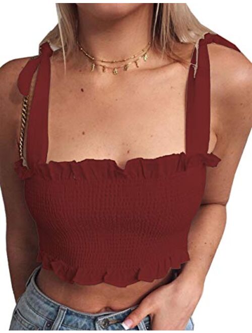 KAMISSY Women's Frill Smocked Crop Tank Top Tie Shoulder Strap Vest