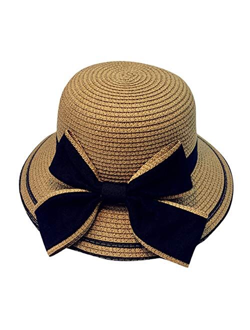 ZYYJ Ylqlbs Summer Parent-Child Women Baby Kids Girl Beach Bow Straw Flat Brim Sun Hat Cap (Color : Khaki)