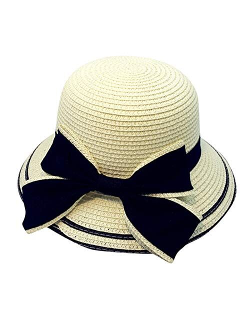 ZYYJ Ylqlbs Summer Parent-Child Women Baby Kids Girl Beach Bow Straw Flat Brim Sun Hat Cap (Color : Khaki)