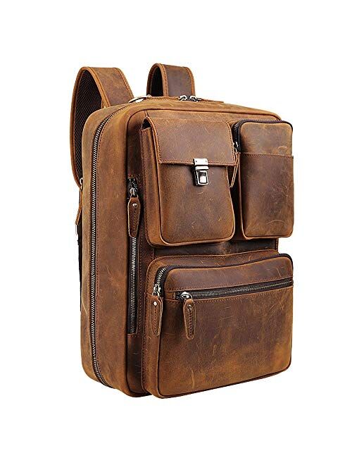 TIDING Men's Leather 17.3 Inch Laptop Backpack Convertible Briefcase Messenger Bag - Brown