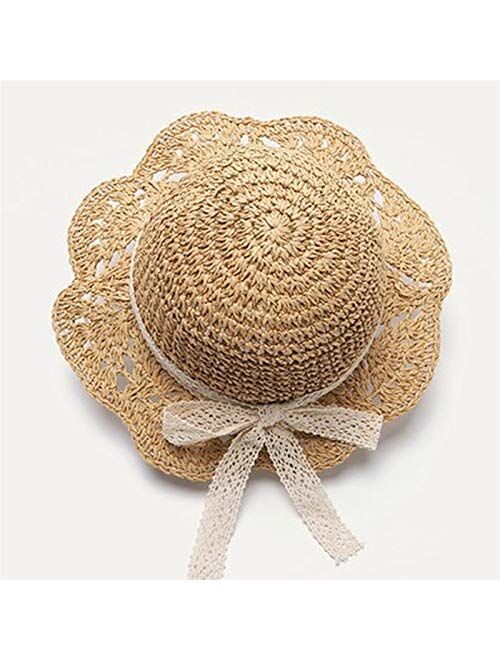 JZYZSNLB Sun hat Summer Children's Straw Hats Baby Girls Breathable Lace Cap Bow Beach Sun Hat Wide Brim Kids Princess Travel Sunshade Hat (Color : Beige)