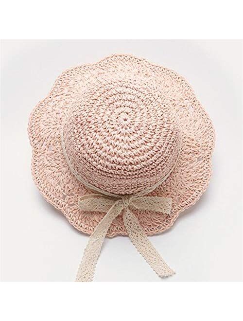 JZYZSNLB Sun hat Summer Children's Straw Hats Baby Girls Breathable Lace Cap Bow Beach Sun Hat Wide Brim Kids Princess Travel Sunshade Hat (Color : Beige)