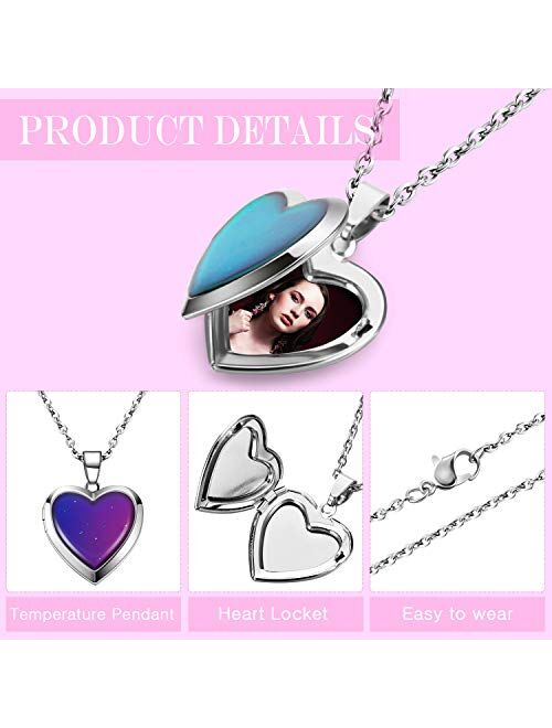 4 Pieces Heart Mood Locket Necklace for Girls Stainless Steel Color Changing Love Shape Mood Necklace Birthday Gift Valentine's Day