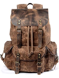 HuaChen Leather Backpack for Men,Waxed Canvas Shoulder Rucksack for Travel Laptop School (M80_Brown)