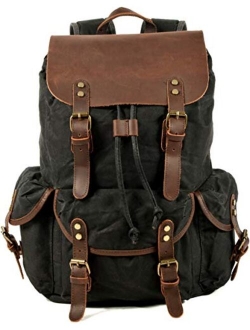 HuaChen Leather Backpack for Men,Waxed Canvas Shoulder Rucksack for Travel Laptop School (M80_Brown)