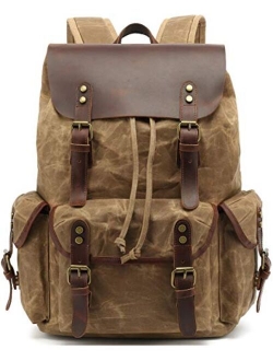 HuaChen Leather Backpack for Men,Waxed Canvas Shoulder Rucksack for Travel Laptop School (M80_Brown)