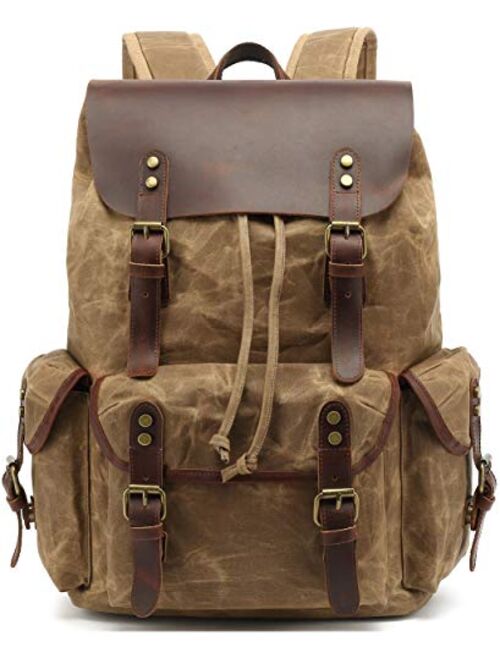 HuaChen Leather Backpack for Men,Waxed Canvas Shoulder Rucksack for Travel Laptop School (M80_Brown)